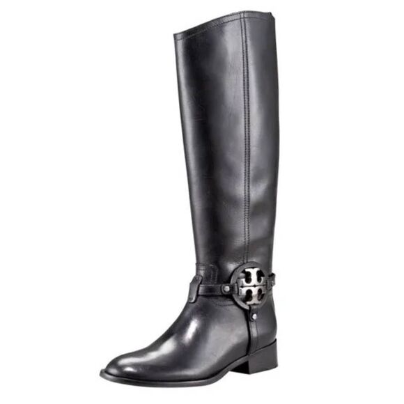 TORY BURCH Aaden Black Leather Riding Boot Size 5M - Picture 1 of 9